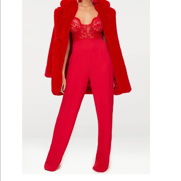 PrettyLittleThing Pants - Red lace wide leg jumpsuit